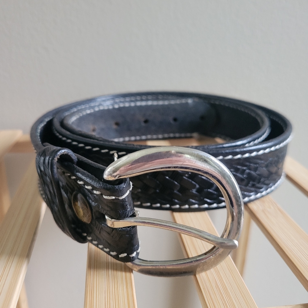 Cabela's 1.5" Wide Black Leather Belt Size 48 Silver Tone Brass Buckle